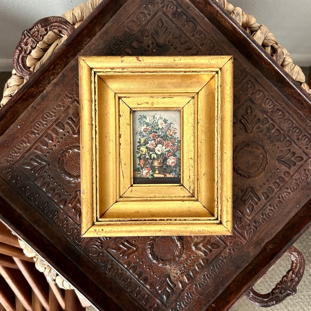 Vintage Floral Still Life Print Gold Gilt Wood Frame Cottagecore Wall Art 7"
